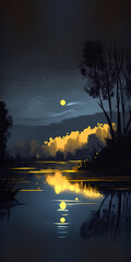 Wall Mural - Minimalistic Moon Magic: A Dark Landscape with a Water Reflection Created Using Generative Ai