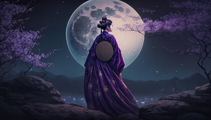 Wall Mural - Purple Hanfu Beauty, Chinese Woman under Moonlight Created Using Generative Ai