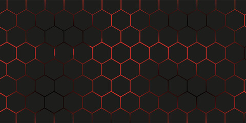 Abstract dark hexagon pattern on red neon background technology style. Modern futuristic geometric shape web banner design.