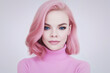© PixlMakr - Portrait of a woman with pink hair and a pink sweater on a white background. Generative AI