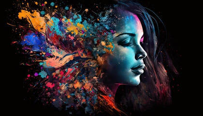 Wall Mural - Abstract Portrait of a Woman with Paint Splashes Created Using Generative Ai