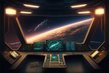 Wall Mural - Outer view of spaceship window with control system room. Abstract discover new planet in space. Finest generative AI.