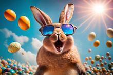 A Crazy Bunny With Sunglasses Who Celebrates His Easter Egg Hunt In Style - Crazy Fashion Victim - Generative Ai