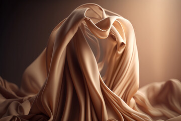 3d render, abstract beige background with delicate vintage waving veil, floating drapery, crumpled silky textile, wavy fashion wallpaper with cloth macro - Generative AI