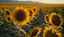 Beautiful Agricultutal Field Of Blooming Yellow Flowers Of Sunflower On Summer Suntet Backgound - Generative AI