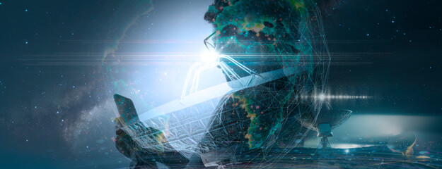 Fototapete - businesswoman using smartphone connect all global network connection and data exchanges on the planet earth background,attena space.