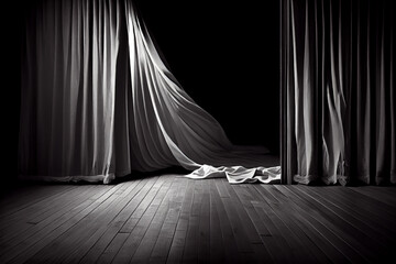 black and white photo of a draped cloth on a wooden floor - generative ai