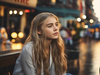 Happy teenage girl waiting for somebody in street cafe at evening. Generative AI