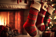 Christmas Stockings Hanging By Fireplace - Generative AI