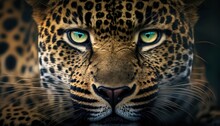 Close Up Portrait Of A Leopard, Feared Shock Face, Full Head Deep Forest Color Scheme, Generative Ai