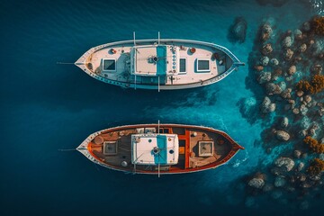 Top view aerial view of two boats on blue sea. Generative AI