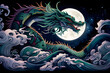 Japanese dragon in the sky at night with wave and moon / Generative AI