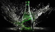 Drink Cocktail Splash Of Green Bottle On A Black Background. - Generative AI