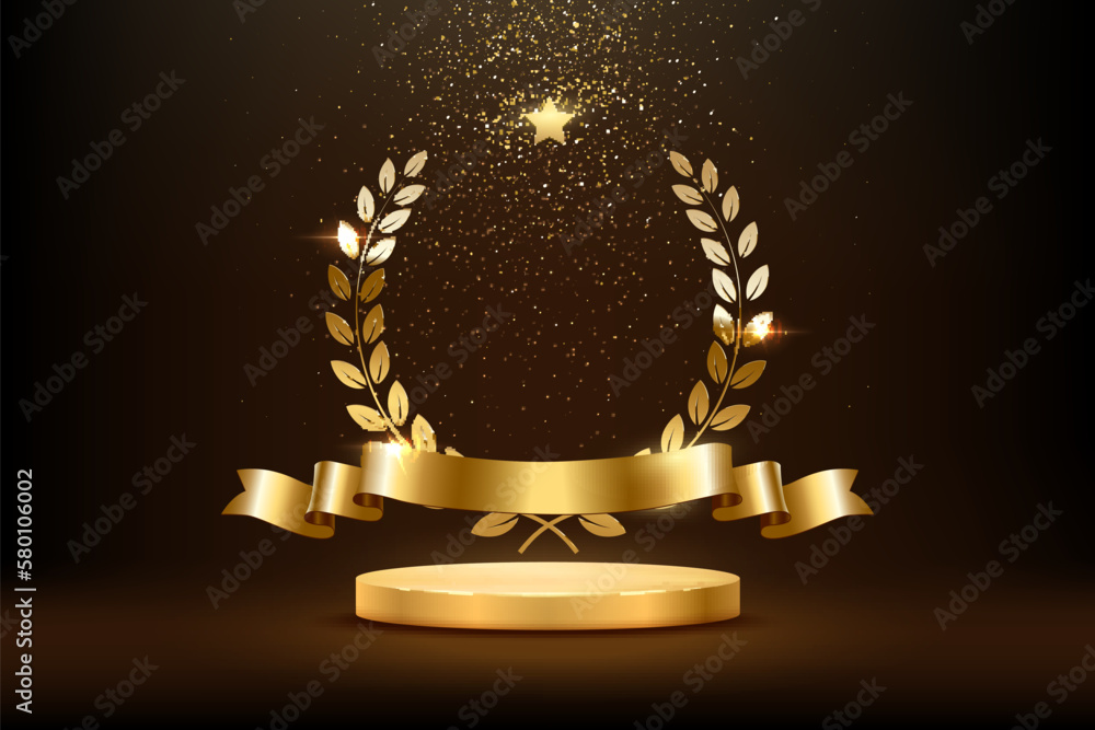 Gold award round podium with laurel wreath, ribbon, star, shiny glitter ...