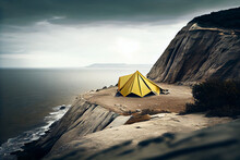 Lone Tent Pitched On A Cliff Overlooking The Ocean - Generative AI