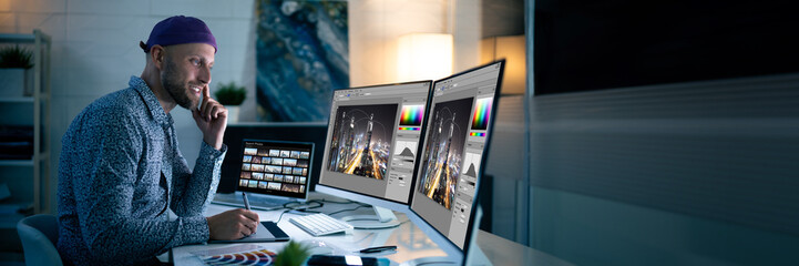 Wall Mural - Graphic Designer Working Late At Night