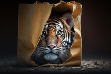  A Paper Bag With A Picture Of A Tiger In It's Face Peeking Out Of It's Side, On A Dark Background.  Generative Ai