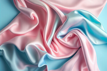 pastel blue pink silk cloth background. flat lay, top view, with a lot of copy space. - generative a