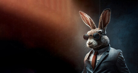 elegant adult rabbit wearing a formal jacket and sunglasses on a dark color background. generative a