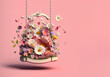 illustrazione di altalena piena di fiori, tono su tono, sfondo rosa, copy space, per biglietti di auguri o livello fotografico, 3d render creato con intelligenza artificale