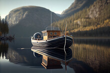Small Fishing Boat On A Calm Lake With A Forest And Mountains In The Background - Generative AI