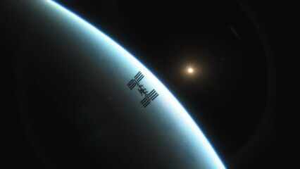 Wall Mural - international space station iss floating in orbit above planet earth in outer space