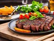 Delicious grilled stake and vegetables served on a wooden table. Generative AI