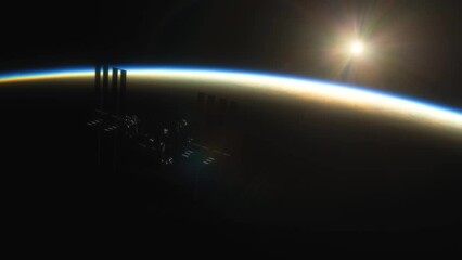 Wall Mural - international space station iss floating in orbit above planet earth in outer space. sunrise or suns