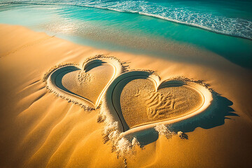 Amazing sunrise at the beach with two hearts drawn by hand at the sea. Symbol of love generative ai