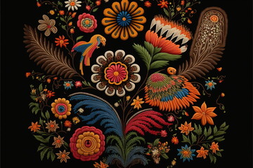 Traditional Mexican embroidery with wondrous textile featuring symmetric intricate patterns of seamless colorful birds and flowers as decorative artwork by Generative AI.