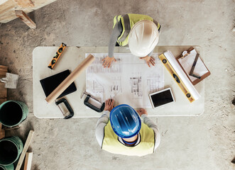 Poster - Architect, engineer and planning with blueprint, paper and collaboration for construction design for building. Floor plan, engineer or teamwork with architecture, creative idea or talking from above