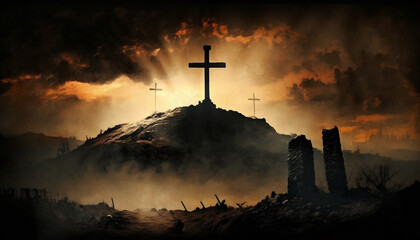 three crosses on the hill with sunlight on a background. ai generated high quality image