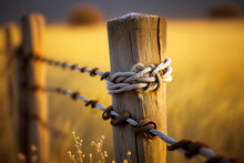 Countryside Simplicity: Weathered Wooden Fence Post And Barbed Wire In A Rustic Setting (created With Generative AI)