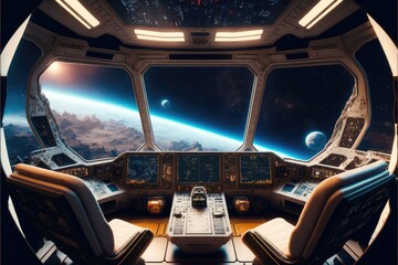 Wall Mural - Outer view of spaceship window with control system room. Abstract discover new planet in space. Finest generative AI.