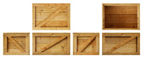 Detailed view of the sides or fronts of a wooden box isolated on a white background. Template or mock-up. 3d render