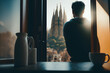 Man traveler drink cup of morning coffee on windowsill an open window with overlooking Barcelona La Sagrada Familia cathedral. Travel concept and morning with breakfast at the hotel. Generative AI