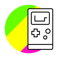 Poster - Games console icon. Simple line, outline in color circle of retro 90s style icons for ui and ux, website or mobile application on white background