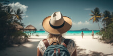 Travel Girl Beach Landscape, Woman On A Vacation Trip, Holiday Concept Generative Ai