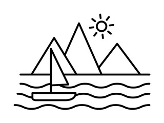 Canvas Print - Sailboat by the mountains line icon, outline sign, linear style pictogram isolated on white. Symbol, logo illustration. Editable stroke. Pixel perfect graphics graphics