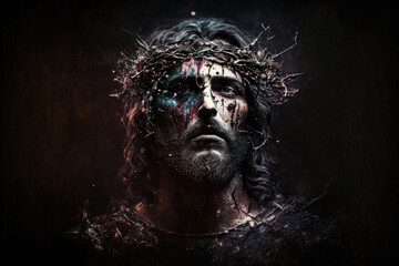 Wall Mural - Jesus Christ wearing crown of thorns Passion and Resurection. Easter card, Good Friday. Generative AI