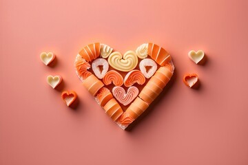 Salmon sushi rolls laid out in the shape of a heart on a pink background. AI generation