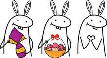 Meme Internet. Flork: Happy Easter. Flork Holding A Chocolate Egg. Flork With A Basket Of Easter Eggs. Flork Making Love Gesture, Heart With Hands.  Vector Stkech. Comic Drawing.
