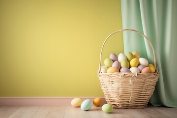 basket with easter eggs on floor near color wall. space for text. modern interior room with draped e