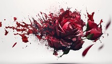  A Red Rose With Splashes Of Paint On It's Petals And Petals Are Shown In The Foreground Of A White Background With A White Background.  Generative Ai