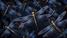  A Group Of Blue Dragonflies Sitting On Top Of A Black Surface With Gold Accents On It's Wings And Wings, All Facing The Same Direction.  Generative Ai