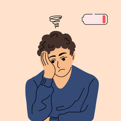 Sad tired man with chaos in his head. Low energy and emotional burnout. Vector illustration in cartoon flat style.