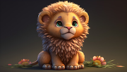 Wall Mural - A cute adorable baby lion rendered in the style of children-friendly cartoon animation fantasy style generative ai