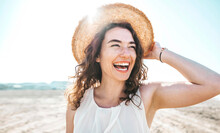 Happy Beautiful Young Woman Smiling At The Beach Side - Delightful Girl Enjoying Sunny Day Out - Healthy Lifestyle Concept With Female Laughing Outside