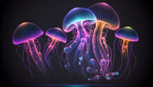 Glowing Neon Sea Jellyfishes On Dark Background Generative Ai