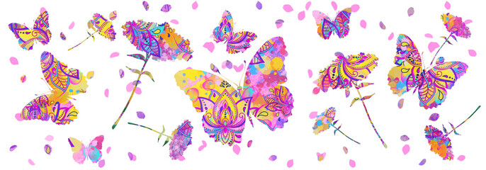 Wall Mural - Summer, spring flowers and butterflies. Easter, wedding, holiday, birthday, valentines day template.